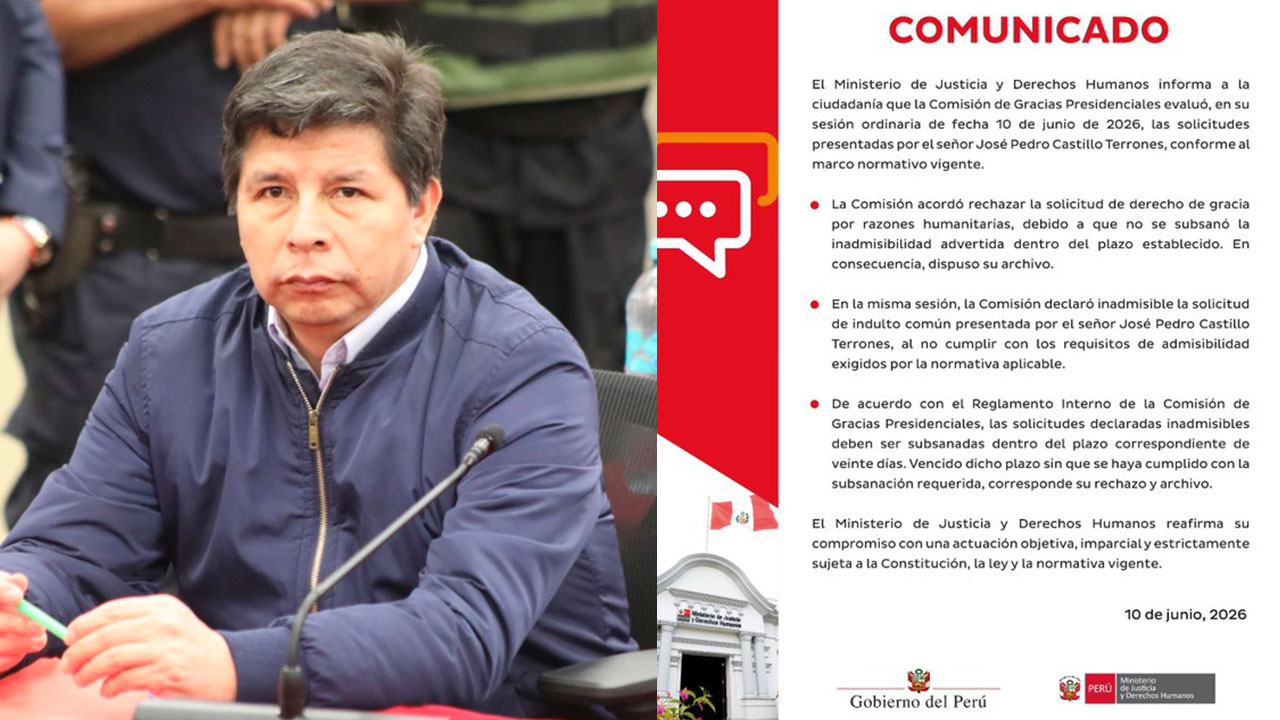 Minjusdh rechaza solicitud de gracia humanitaria y declara inadmisible pedido de indulto de Pedro Castillo